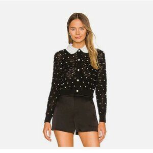Alice + Olivia Collins Faux Pearl Embellished Crochet Knit Cardigan